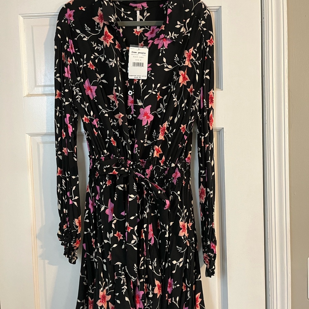 Free People Black and Pink Floral Long Sleeve Dress